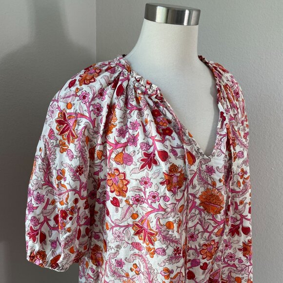 Knox Rose Womens XL Floral Peasant Blouse Pink Orange Cotton Short Sleeve Shirt - Picture 2 of 10